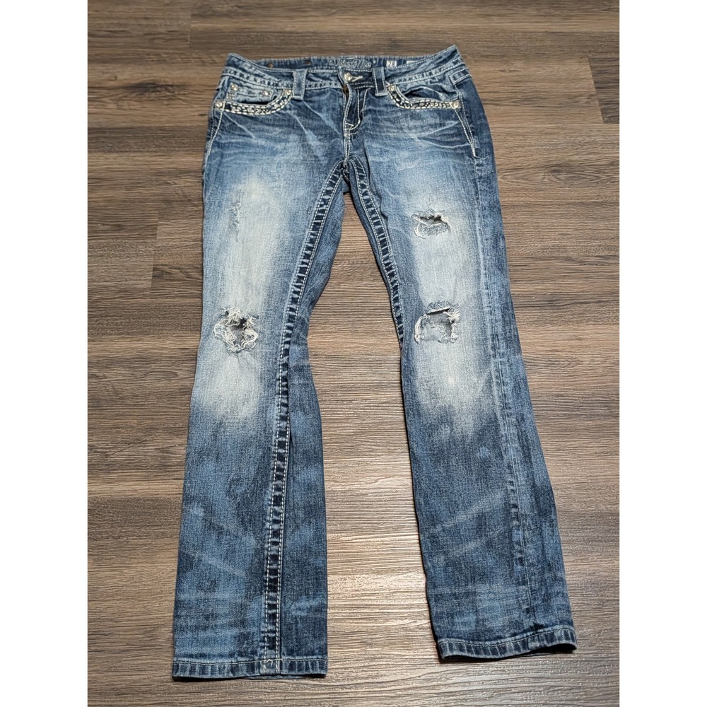 Miss Me Signature Cuffed Straight Jeans Size 28 Distressed Rhinestone Bling Y2K